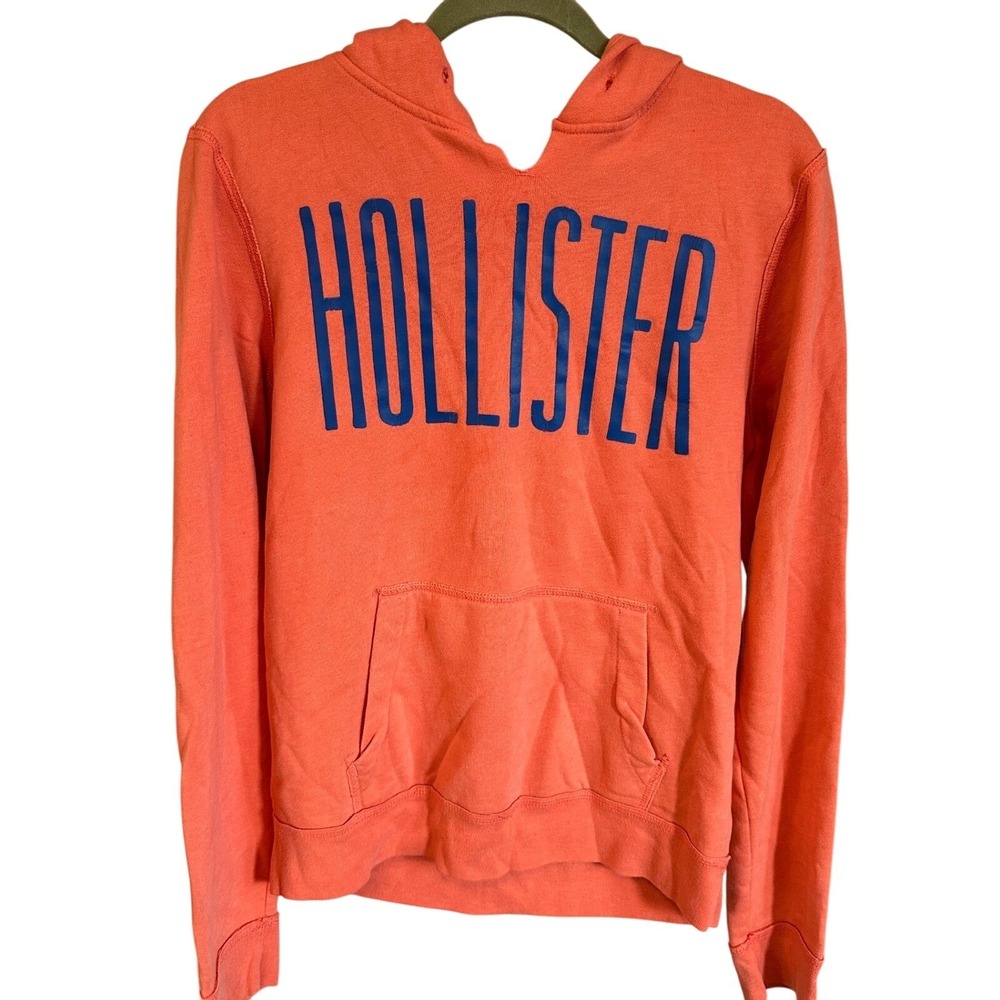 Hollister California Women Small Orange‎ V-Neck Spellout Logo Pullover Hoodie